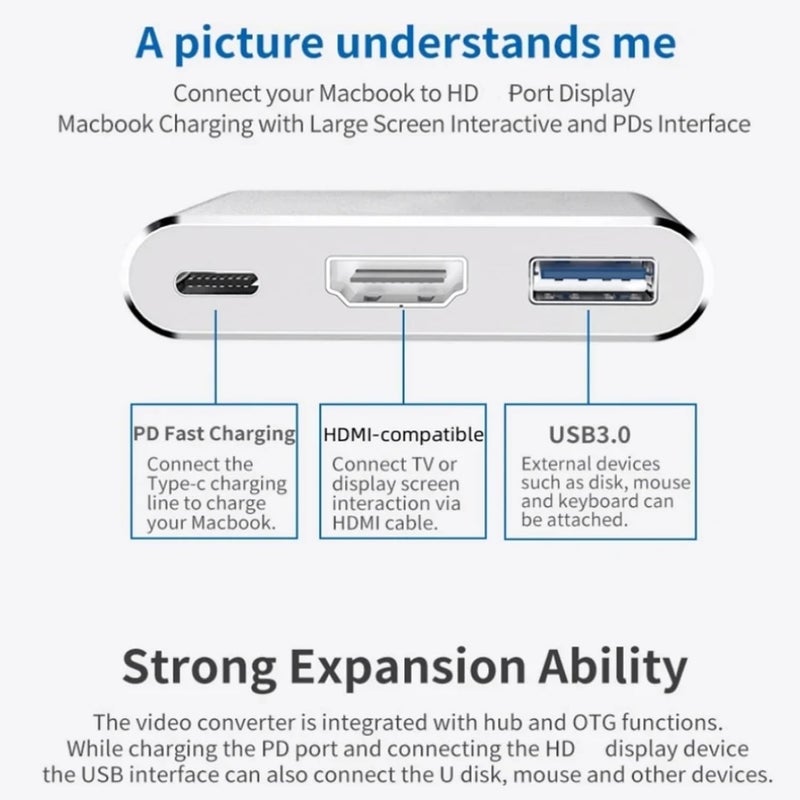 Milu محول USB-C إلى HDMI (يدعم 4K / 30Hz) - كابل محول Type-C 3 في 1 لجهاز MacBook Pro 2017/2018، MacBook، Mac Pro، iMac، Chromebook، والمزيد من أجهزة USB 3.0 Type-C - Image 2